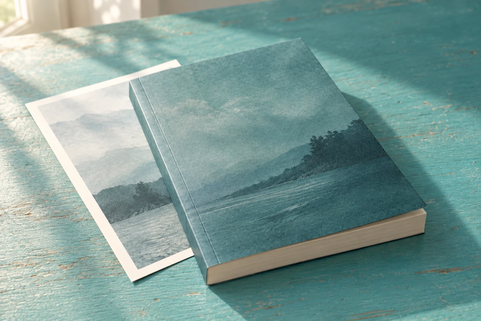 Un libro de cubierta teal y una lámina sobre una mesa turquesa iluminada por el sol