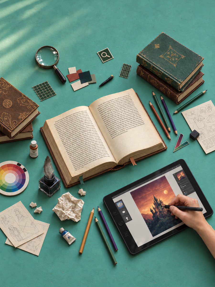 Mesa de diseño con libros, lupa y tableta de trabajo reales