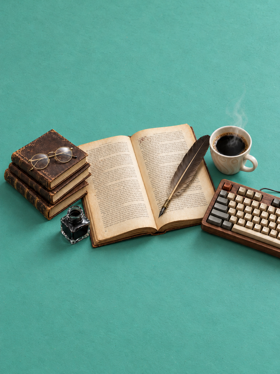 Mesa de edición con manuscrito, libros, café y herramientas reales
